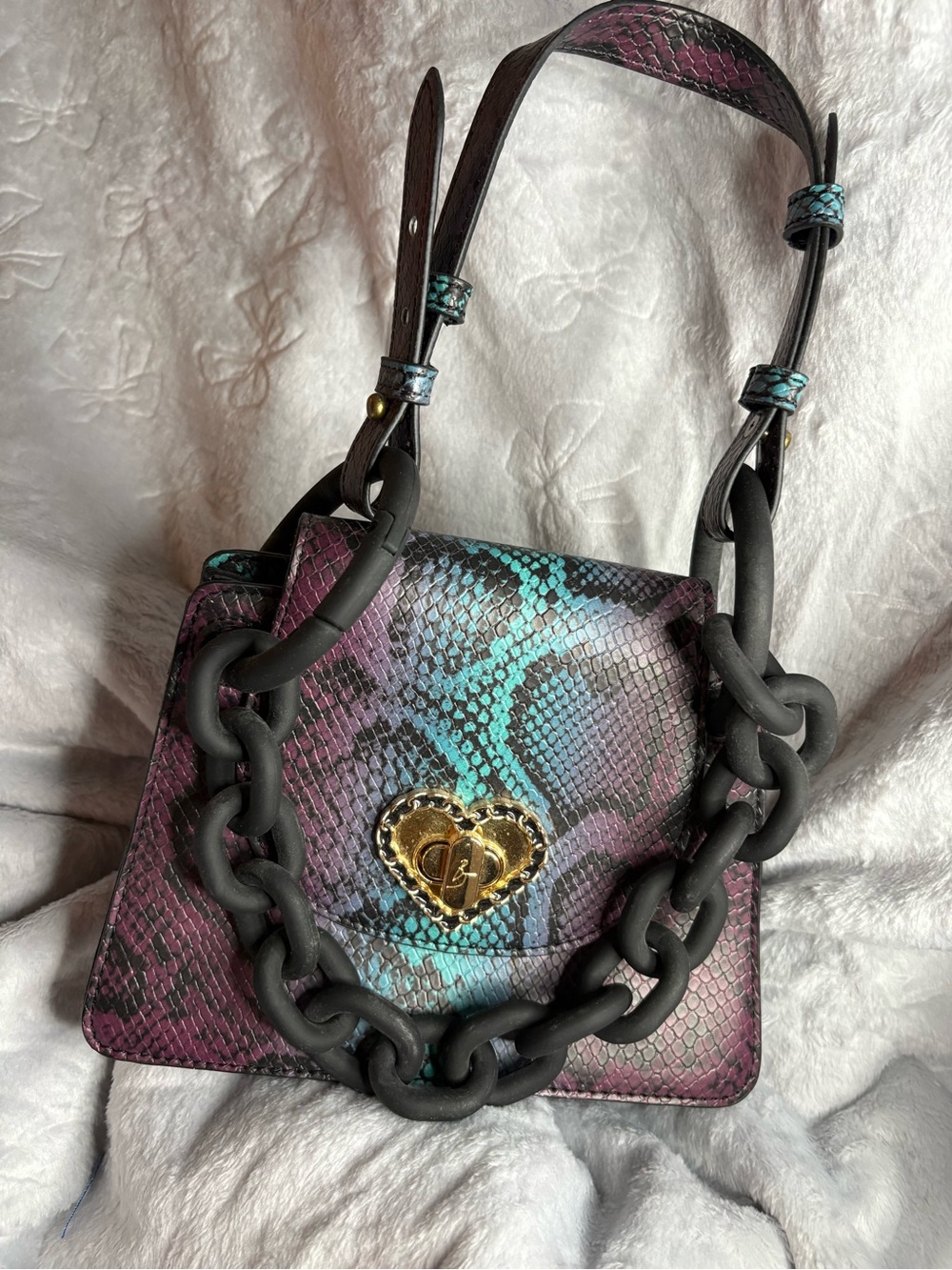 Betsey Johnson Heart Lock Python-Effect Leather Shoulder Bag in Teal & Plum